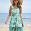 Sea Turtle Print Fringe Cover-Up Dress — Sleeveless Tassel Hem Beach Dress