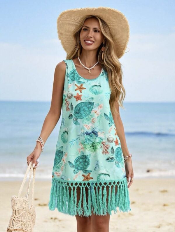 Sea Turtle Print Fringe Cover-Up Dress — Sleeveless Tassel Hem Beach Dress