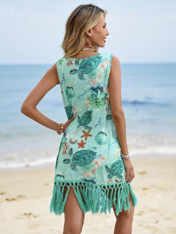 Sea Turtle Print Fringe Cover-Up Dress — Sleeveless Tassel Hem Beach Dress