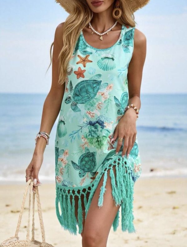 Sea Turtle Print Fringe Cover-Up Dress — Sleeveless Tassel Hem Beach Dress