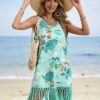 Sea Turtle Print Fringe Cover-Up Dress — Sleeveless Tassel Hem Beach Dress