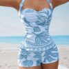 Blue Tropical Leaf Print Halter Tankini Set — Ruched Top & Swim Shorts