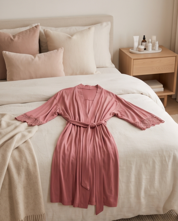 La Vie en Rose Lace-Trim Kimono Robe with Belt – Dusty Rose, L