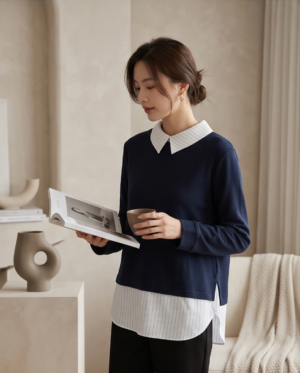 Max Layered-Look Collared Top – Navy with White Pinstripe, XL