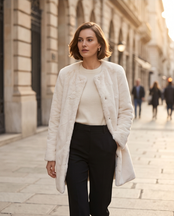 Stradivarius Faux Fur Collarless Coat – Cream/Ivory, M