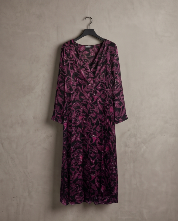 Max Paisley Print Wrap-Style Midi Dress – Black/Magenta, UK 12