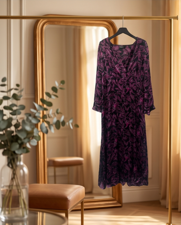 Max Paisley Print Wrap-Style Midi Dress – Black/Magenta, UK 12