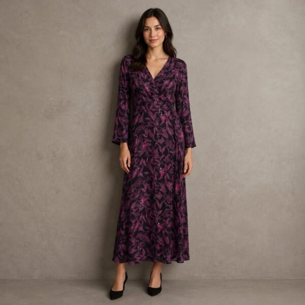 Max Paisley Print Wrap-Style Midi Dress – Black/Magenta, UK 12