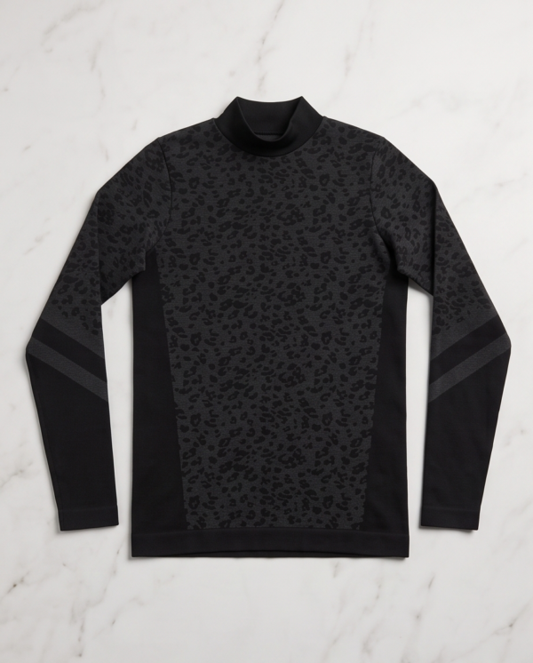 Souluxe Leopard Print Seamless Mock Neck Long Sleeve Top – Black/Charcoal