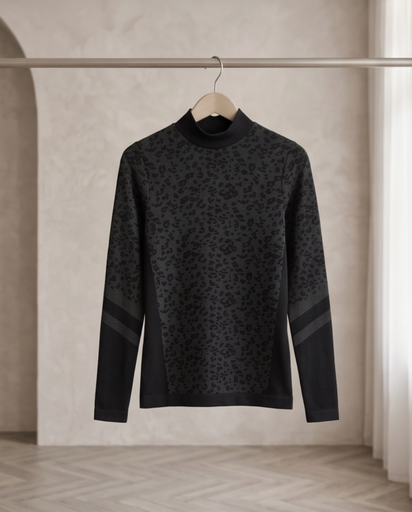 Souluxe Leopard Print Seamless Mock Neck Long Sleeve Top – Black/Charcoal