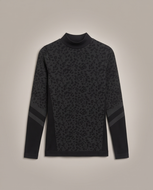 Souluxe Leopard Print Seamless Mock Neck Long Sleeve Top – Black/Charcoal