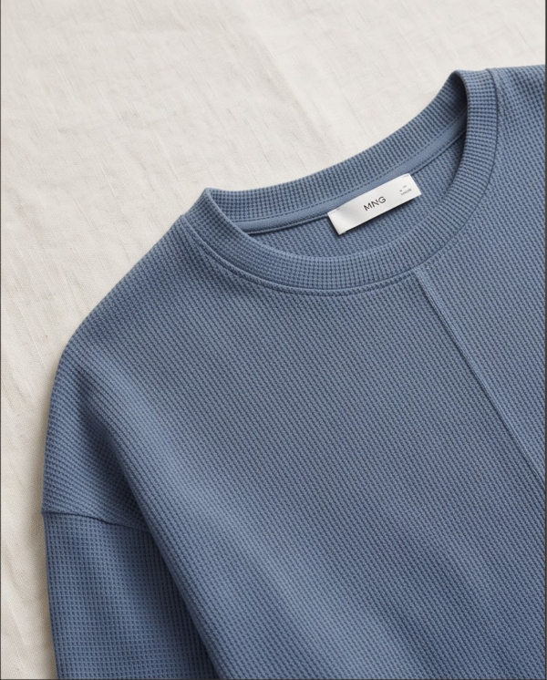 MNG (Mango) Blue Textured Pique Sweatshirt — Relaxed Crew Neck, Size M