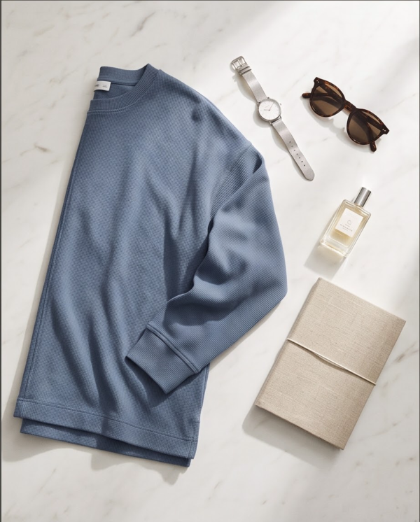 MNG (Mango) Blue Textured Pique Sweatshirt — Relaxed Crew Neck, Size M