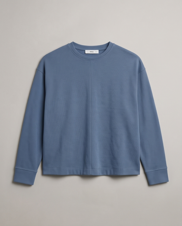 MNG (Mango) Blue Textured Pique Sweatshirt — Relaxed Crew Neck, Size M