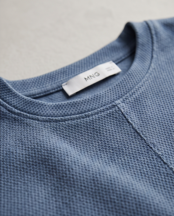 MNG (Mango) Blue Textured Pique Sweatshirt — Relaxed Crew Neck, Size M