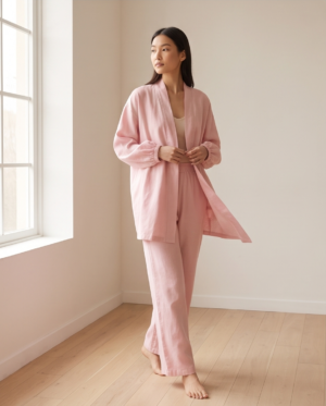Soft Pink Kimono-Style Open Jacket & Wide-Leg Pants Set – 2 Pieces, XL
