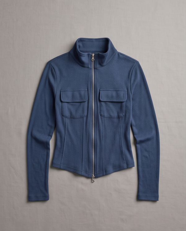 img_3896 Fitted Ribbed Zip-Up Jacket with Chest Pockets – Navy Blue, S