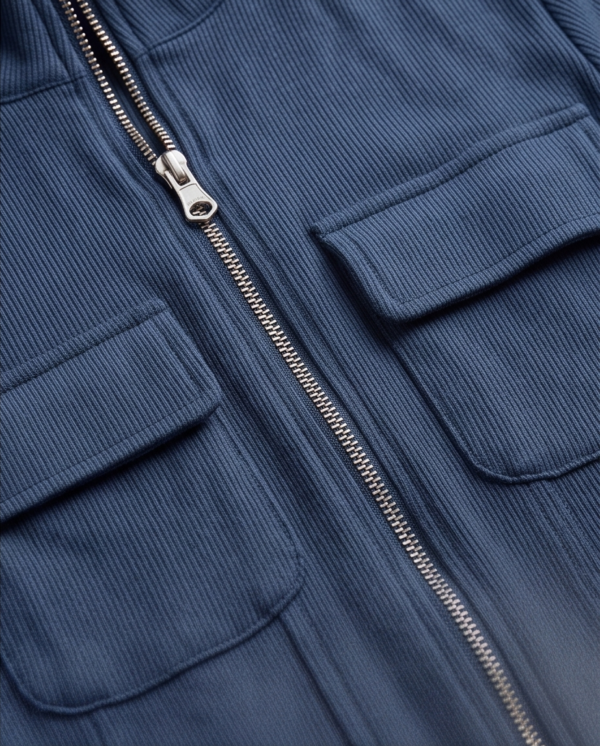 img_3897 Fitted Ribbed Zip-Up Jacket with Chest Pockets – Navy Blue, S