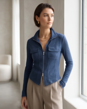 Fitted Ribbed Zip-Up Jacket with Chest Pockets – Navy Blue, S