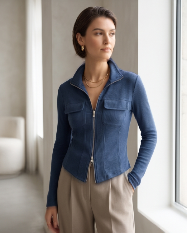 img_3898 Fitted Ribbed Zip-Up Jacket with Chest Pockets – Navy Blue, S