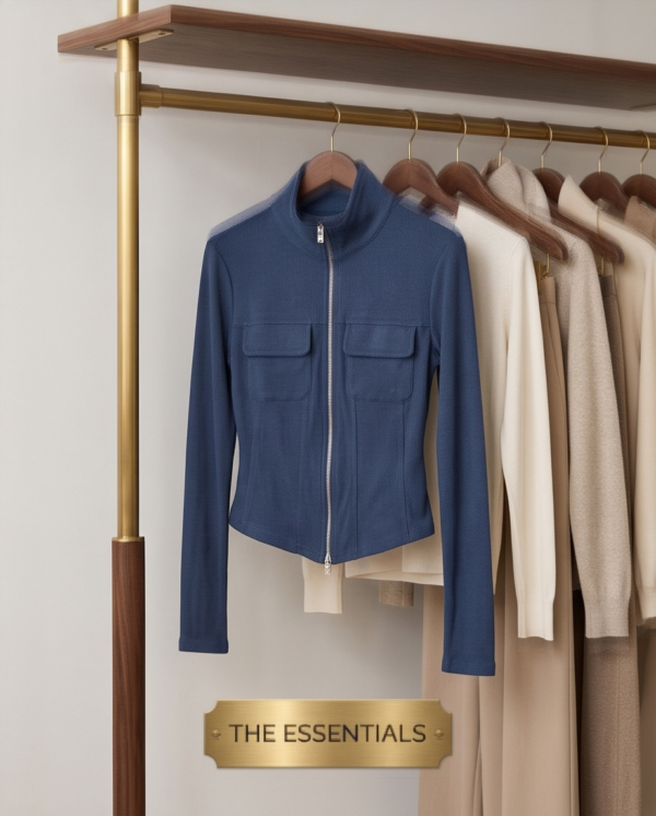 img_3899 Fitted Ribbed Zip-Up Jacket with Chest Pockets – Navy Blue, S