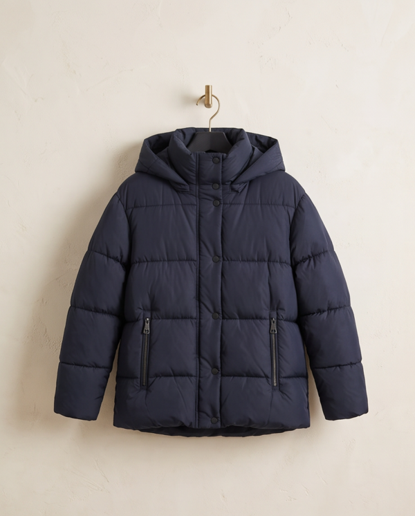 Zara Hooded Puffer Jacket – Navy Blue, 14-16Y (Women's M)