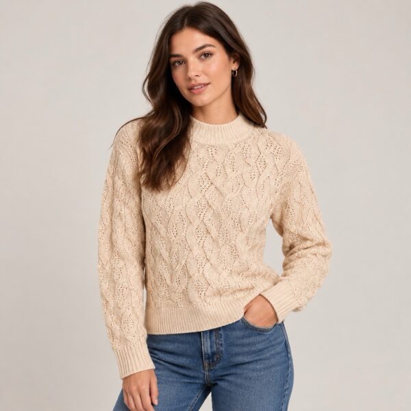Primark Cable Knit Mock Neck Sweater – Beige/Cream, XS