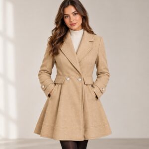 SHEIN Fit-and-Flare Coat with Gold Buttons – Camel, M