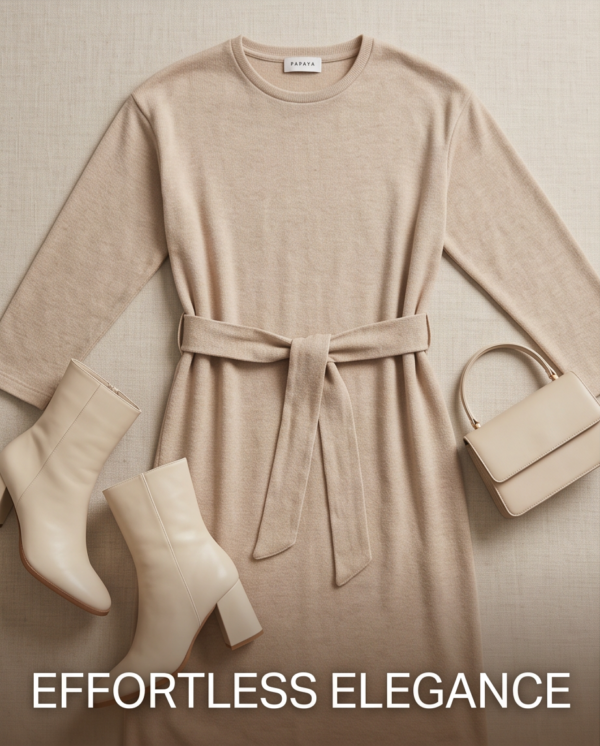 Papaya Belted Knit Midi Dress – Beige/Oatmeal, Size 12