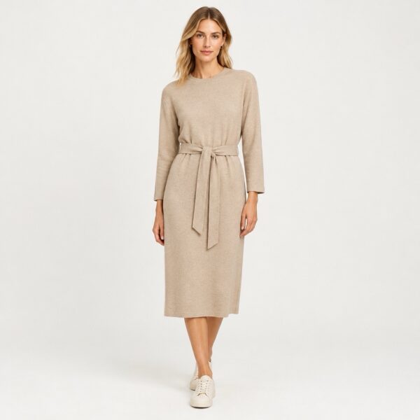 Papaya Belted Knit Midi Dress – Beige/Oatmeal, Size 12