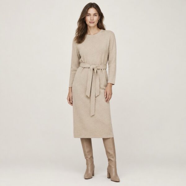 Papaya Belted Knit Midi Dress – Beige/Oatmeal, Size 12