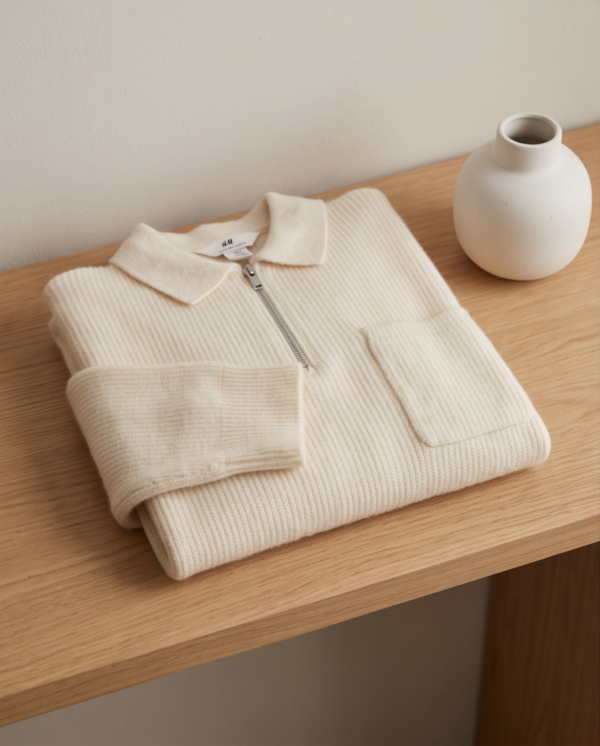 H&M Kids Half-Zip Knit Sweater with Collar – Cream, 10-12Y