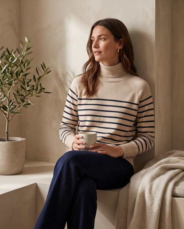 Primark Striped Turtleneck Knit Sweater – Beige/Navy, S