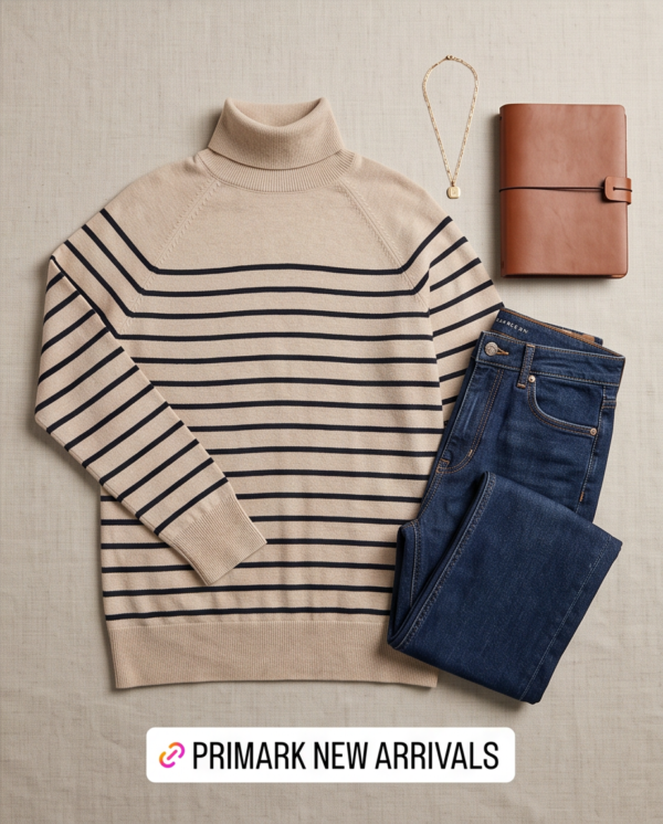 Primark Striped Turtleneck Knit Sweater – Beige/Navy, S