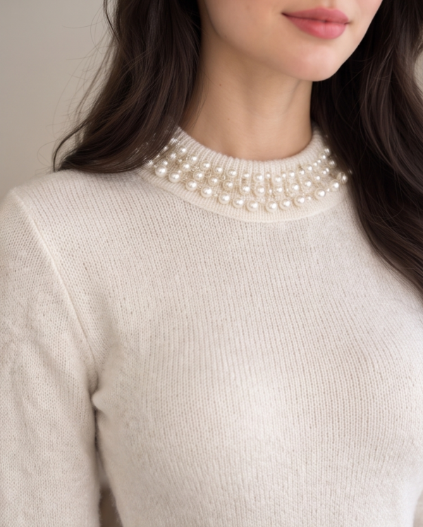 H&M Pearl-Embellished Knit Mini Dress – Cream, XS