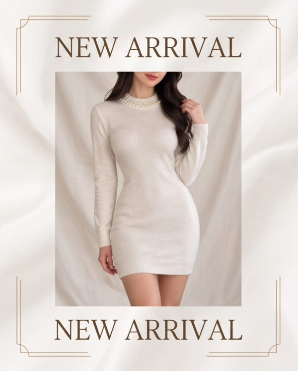 H&M Pearl-Embellished Knit Mini Dress – Cream, XS