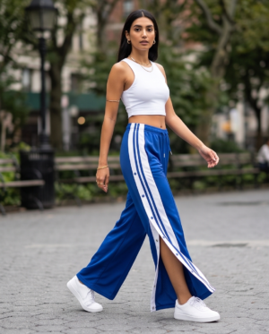 SHEIN Wide-Leg Track Pants with Snap-Button Sides – Royal Blue/White, M